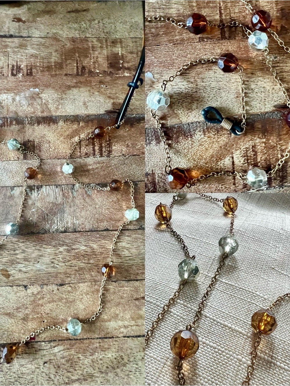 Amber & Aquamarine Beads Copper Chain Eyeglasses Sunglasses Holder 27” Vintage